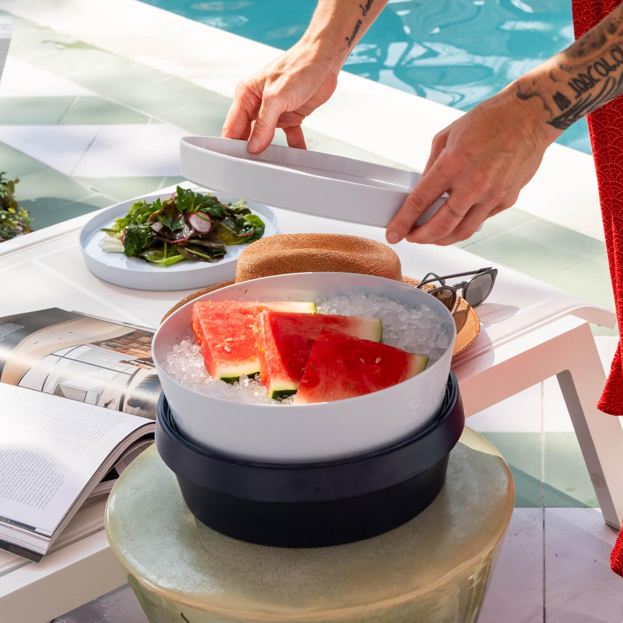 Piper: stackable straight-sided outdoor dinnerware in white and blue